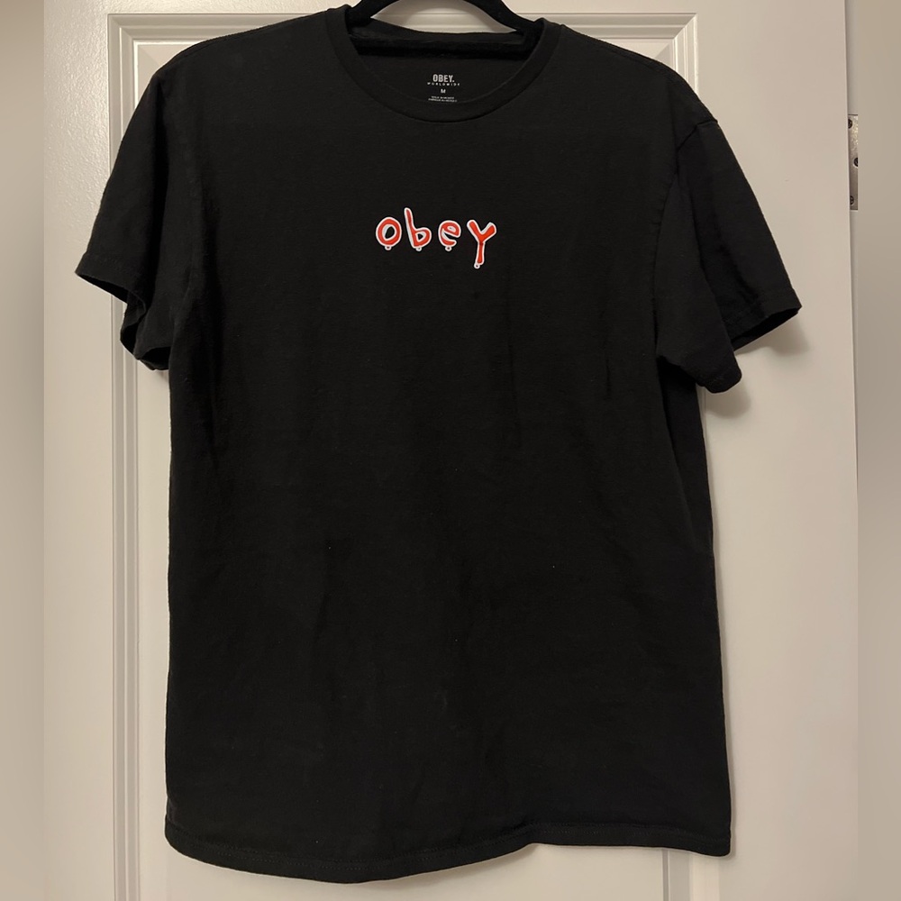 Obey Black Short Sleeve Tee with Red Logo